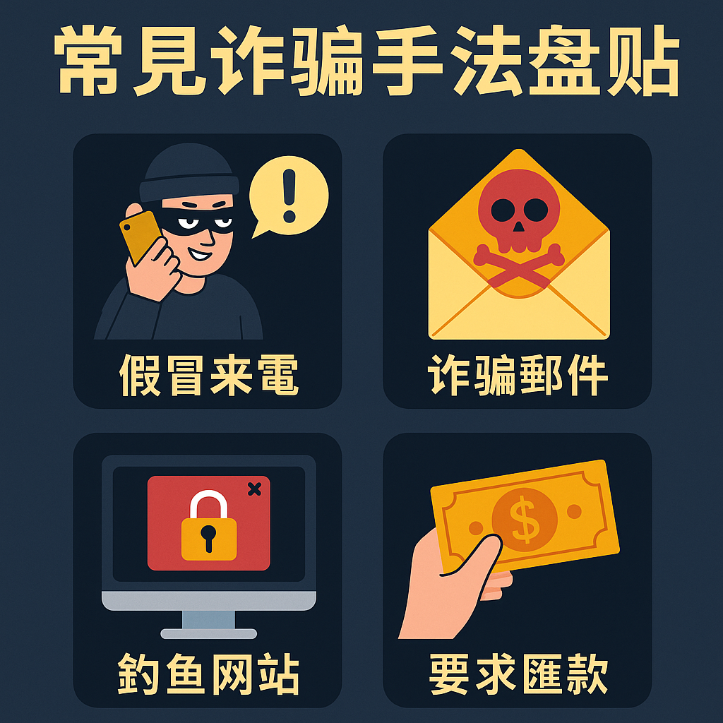 常見詐騙手法圖示，包含假冒來電、詐騙郵件、釣魚網站與要求匯款等四種網路詐騙形式。