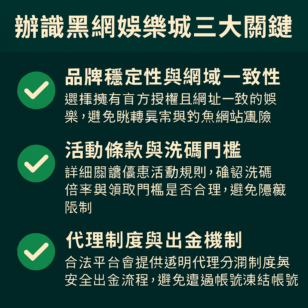 辨識黑網娛樂城的三大重點,包括品牌網域一致性、優惠條件透明與出金制度保障